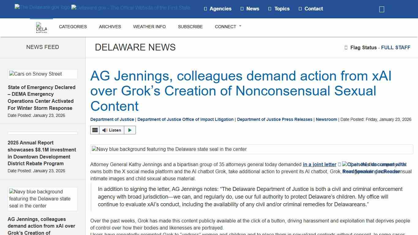 AG Jennings, colleagues demand action from xAI over Grok’s Creation of Nonconsensual Sexual Content - State of Delaware News
